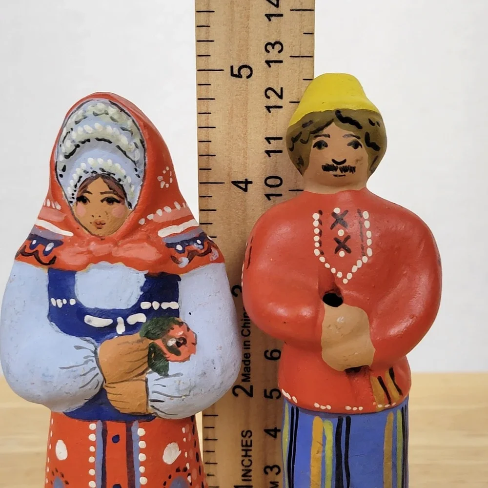 Vintage 90s Russian Pskov Clay Figurine Whistles Folk Art Hand Painted Couple
